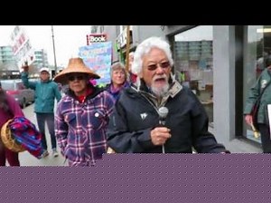 David Suzuki speaking at the fish farm rally at NDP Minister George Heyman's office