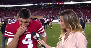 Nick Mullens is overcome with emotion talking with Erin Andrews after his big win