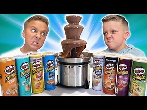 GIANT CHOCOLATE FOUNTAIN Game with HUGE PRINGLES CHIP SURPRISE | Candy Surprise Egg Hunt