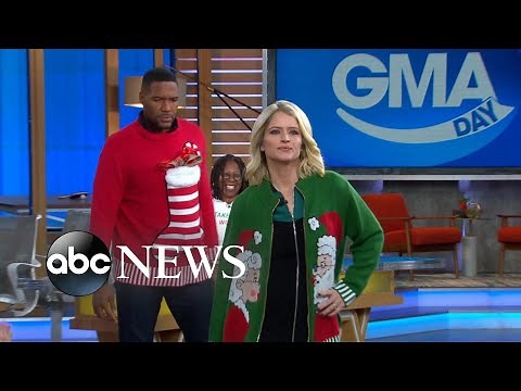 Michael Strahan and Sara Haines model Whoopi Goldberg's Christmas sweaters